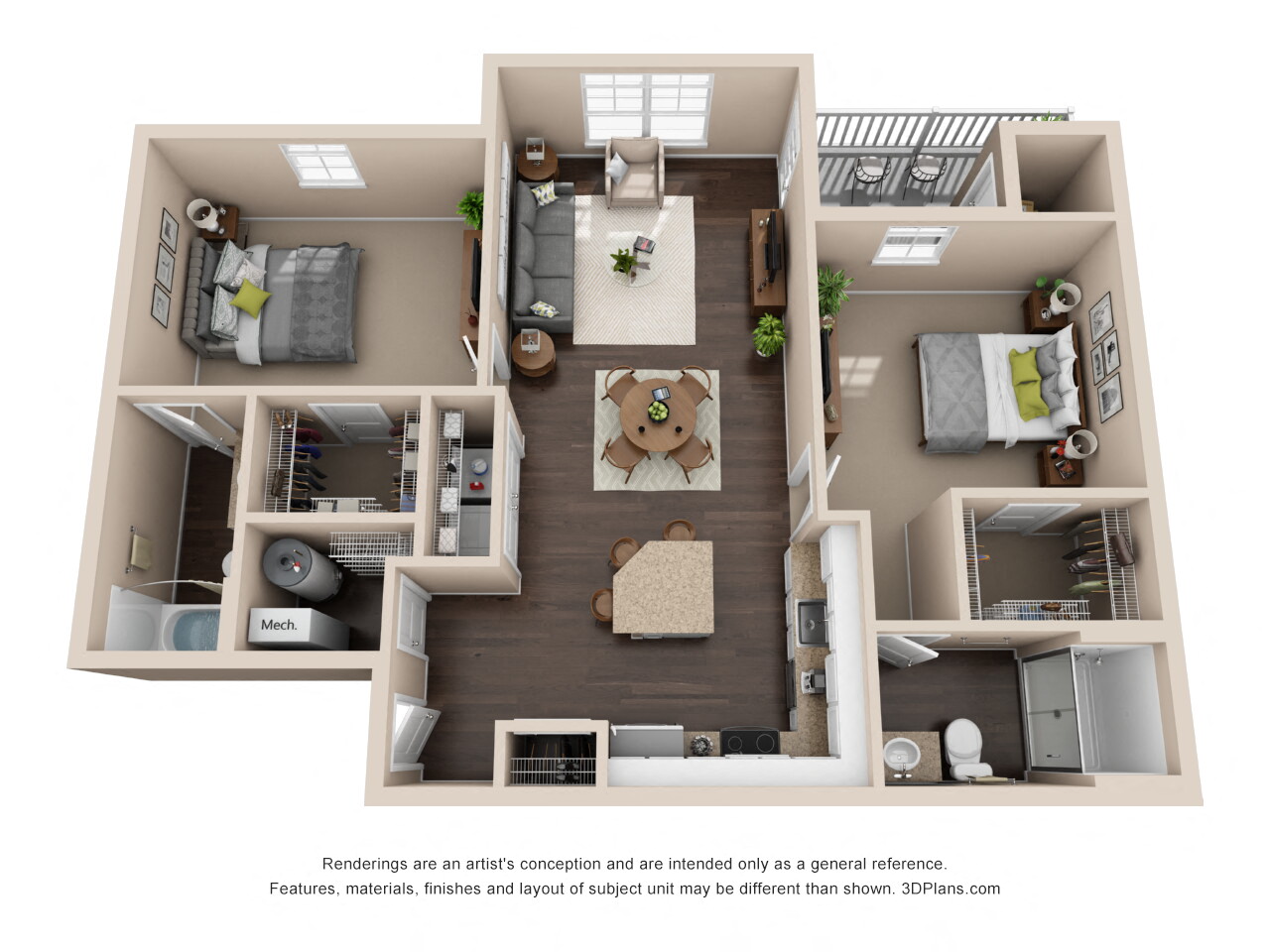 Floor plan for 2 beds, 2 baths, 1116 sqft